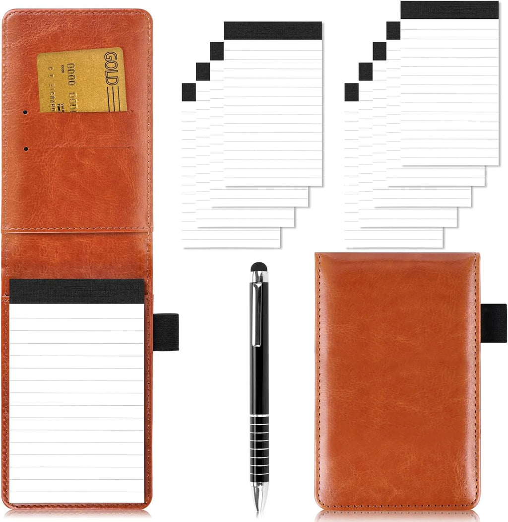 Mini Pocket Portable Notepad, Strap-On Pen Holder Meeting Notebook, Pu Leather Hard Cover Waterproof Notebook with Lined Pages, Diary, Work Office Meeting Notes Notebook, Accounting, Memo Notebook Ballpoint Pen Set