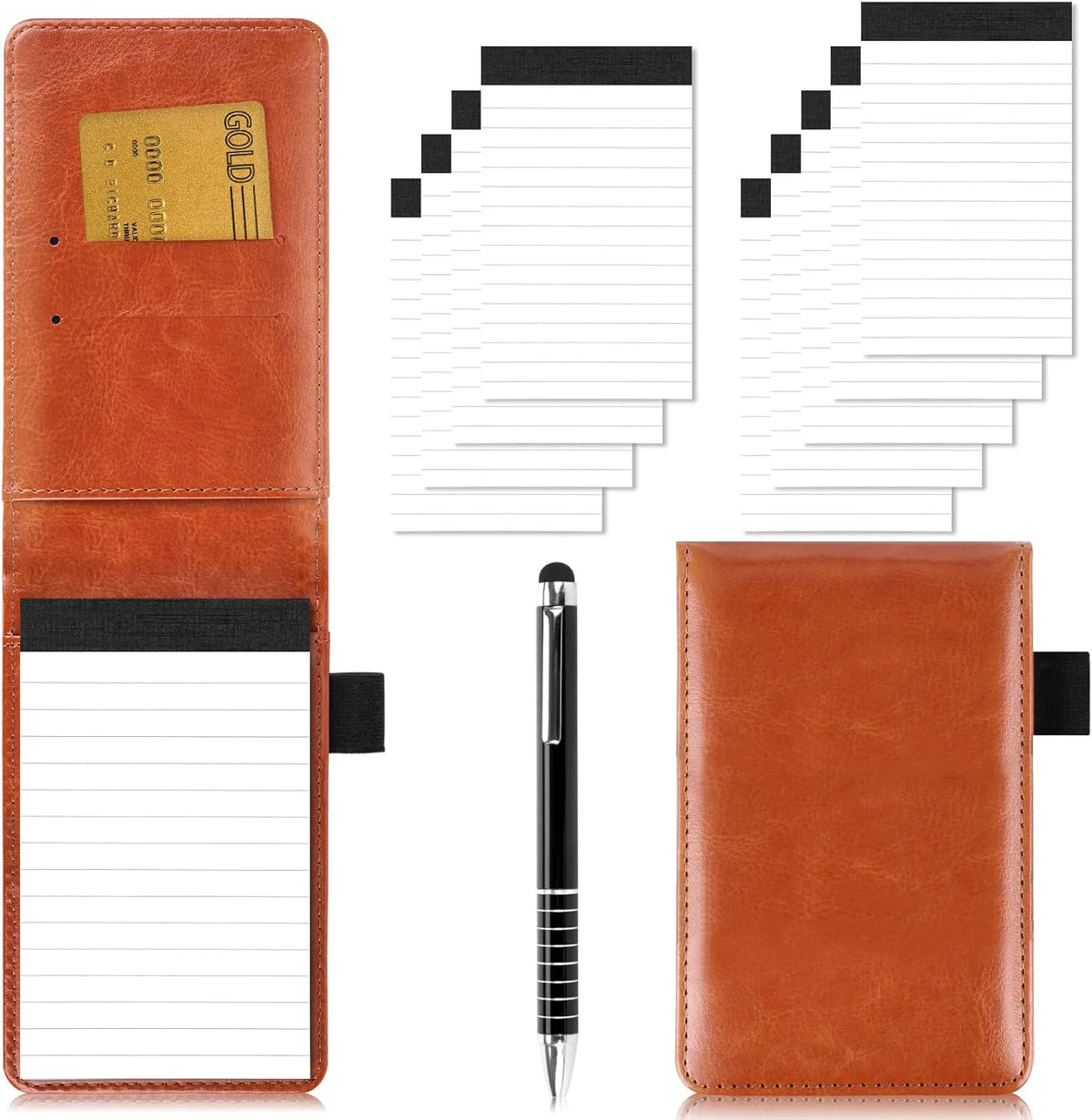 Mini Pocket Portable Notepad, Strap-On Pen Holder Meeting Notebook, Pu Leather Hard Cover Waterproof Notebook with Lined Pages, Diary, Work Office Meeting Notes Notebook, Accounting, Memo Notebook Ballpoint Pen Set