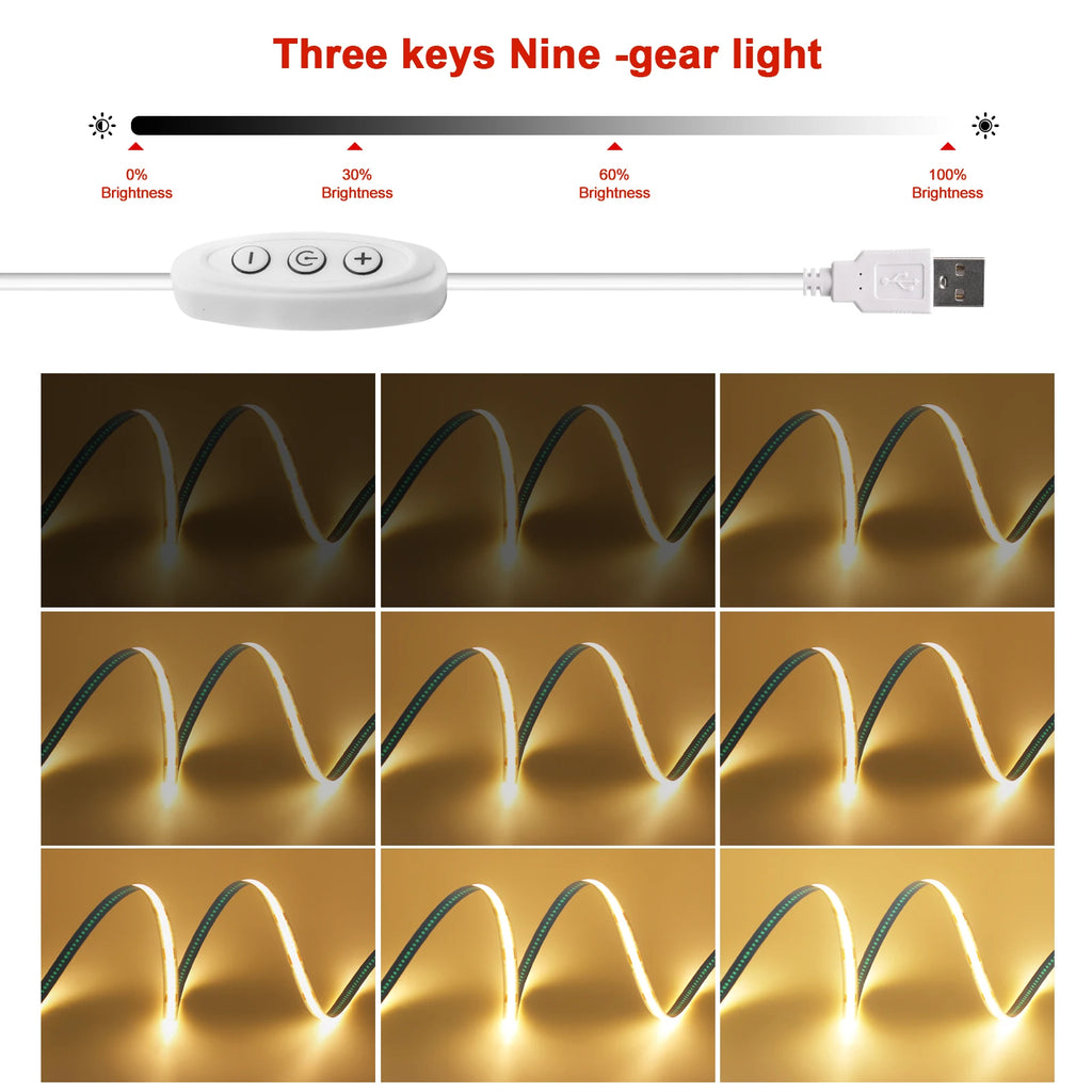 Striscia LED COB 5V USB dimmerabile, 320 LED/m, luce bianca regolabile