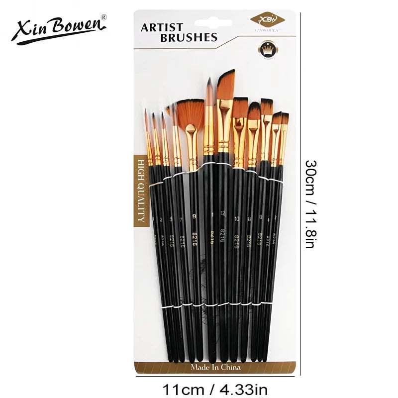 Set da 12 pennelli a setola di nylon per pittura ad olio, acrilico e acquerello