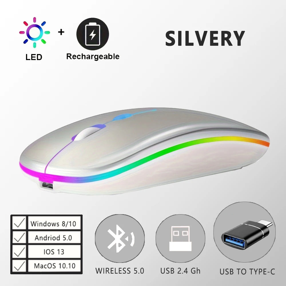 Wireless Rechargeable Mouse With LED Backlight  Bluetooth With Type-C Adapter Gaming Mouse Suitable For MAC/Laptop/PC/Windows