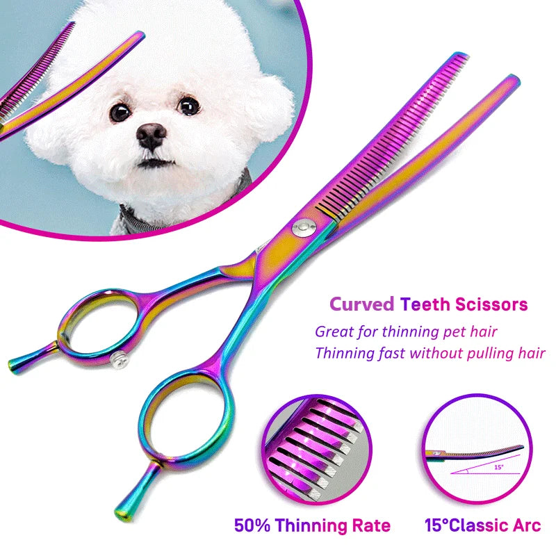 Forbici curve e sfoltenti per cani 7" – Design colorato professionale