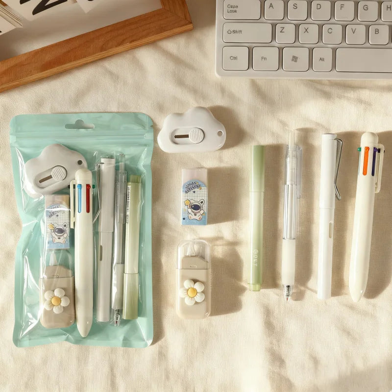 7-In-1 Stationery Set Stdudent Back To School Gel Pen Highlighter Ballpoint Pen  Eternal Pencil Correction Tape Eraser Knife Set