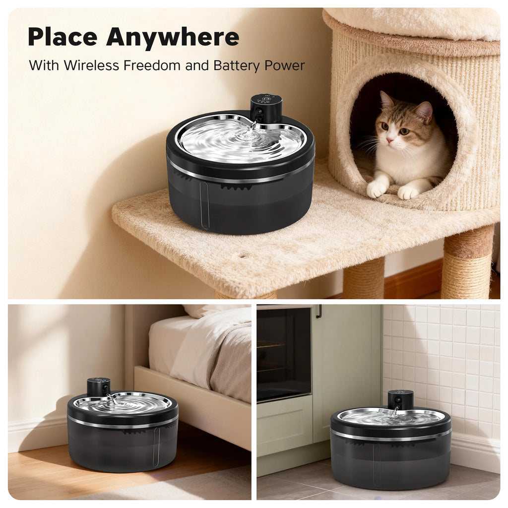 Fontana d'acqua per gatti 3L wireless, filtro inox, batteria 4000 mAh
