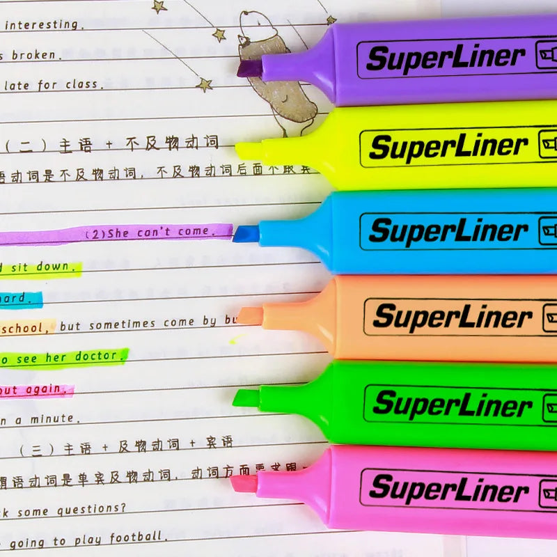 Set di 6 evidenziatori fluorescenti a punta larga per disegno, ufficio e scuola