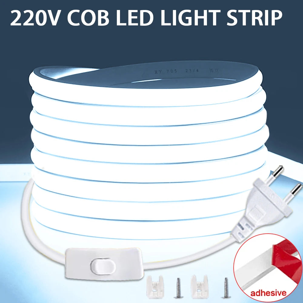 Striscia LED COB 220V con interruttore e spina EU – luce bianca calda o fredda