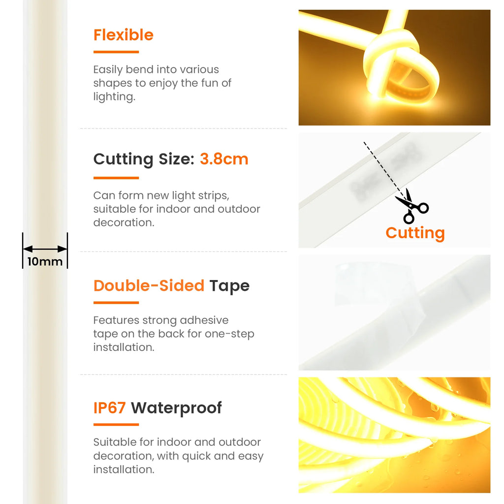 12V 24V COB LED Strip 320LEDs Flexible Neon Tape Light IP67 Waterproof LED Ribbon Rope Density Linear Light with Adhesive Tape