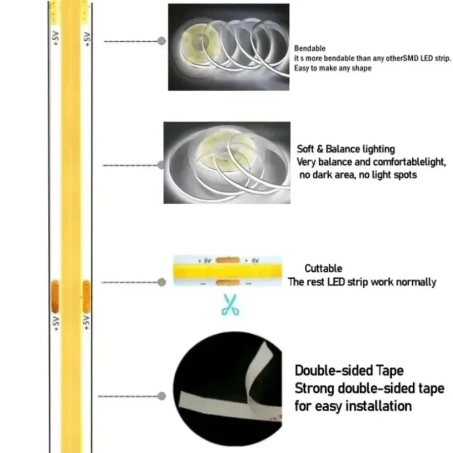 Striscia LED COB 320 Leds/m 8 mm 12‑24 V – Alta luminosità, colori…