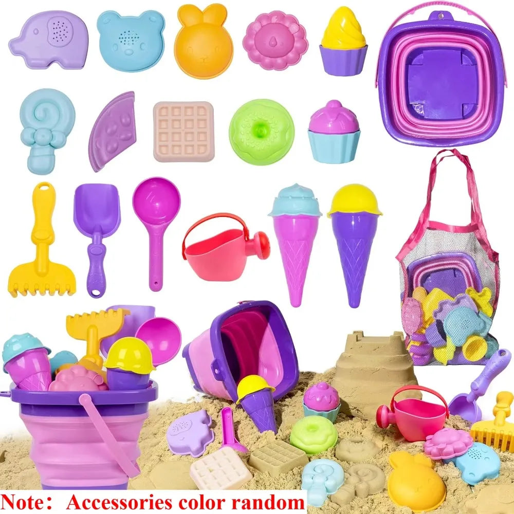 Set Spiaggia 20 Pezzi per Bambini: Secchiello Pieghevole, Palette, Stampo Sabbia