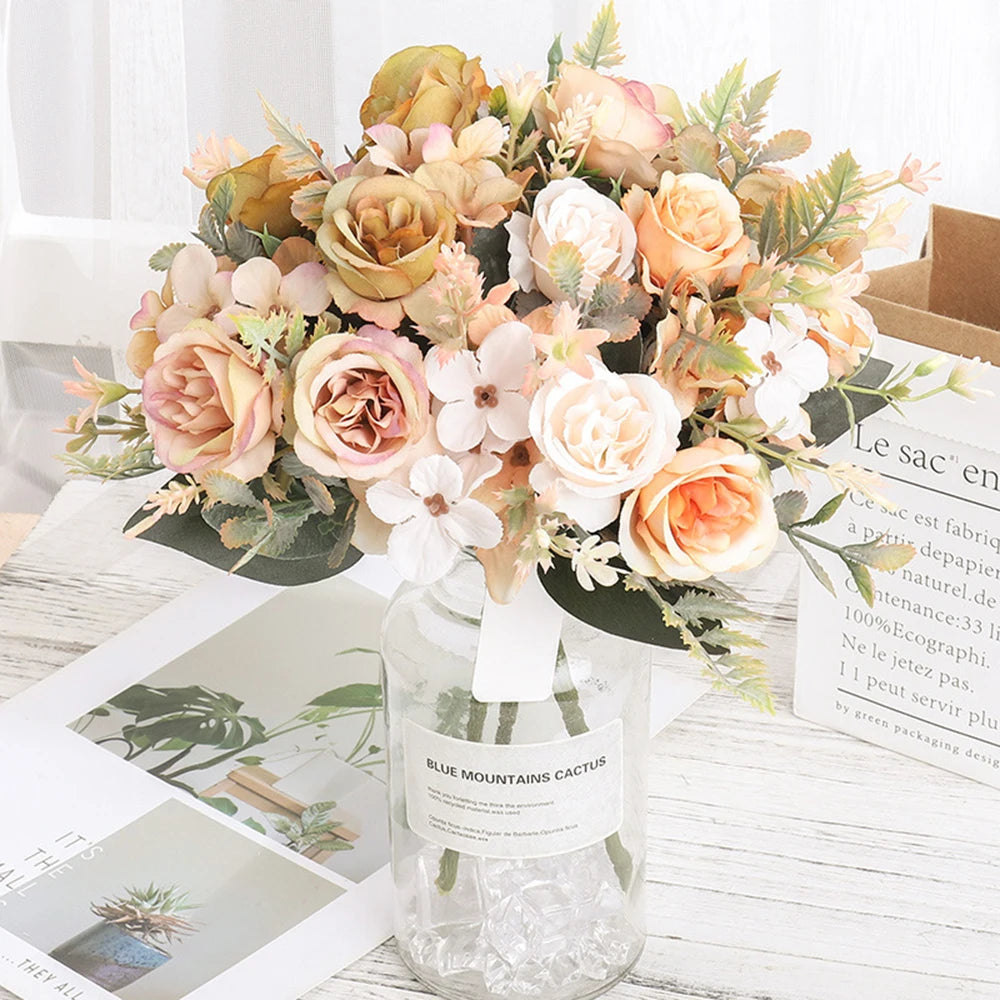 Home Decor Roses Autumn Artificial Flowers Silk Peony Hydrangea Big Bride Bouquet Wedding Home Party DIY Decoration Fake Flowers