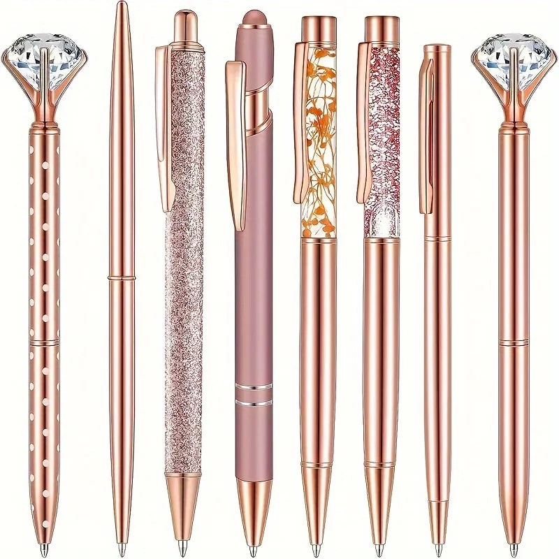 Set da 8 penne a sfera in oro rosa con cristalli – Per ufficio, scuola e regali