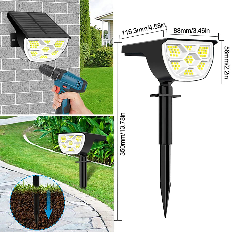Spotlight solare LED 72 LED IP65, 3 modalità luce, installazione semplice