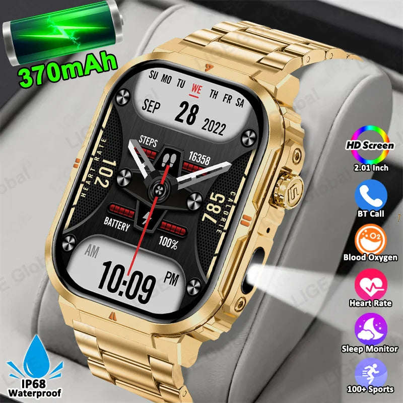 Smartwatch sportivo 2.01\" HD con chiamata, assistente vocale, torcia - IP68