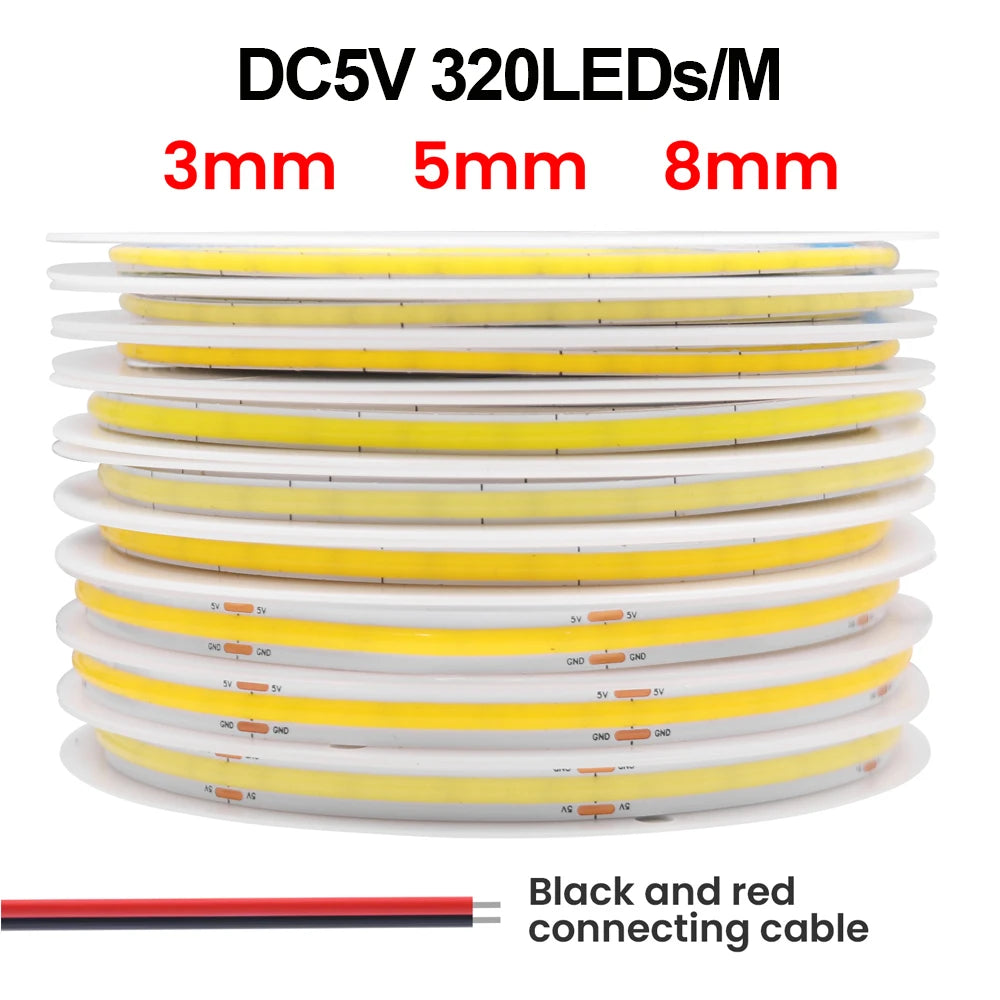 Striscia LED COB flessibile 320 LED/m 5V/12V, 3000‑6000K, 3‑8 mm