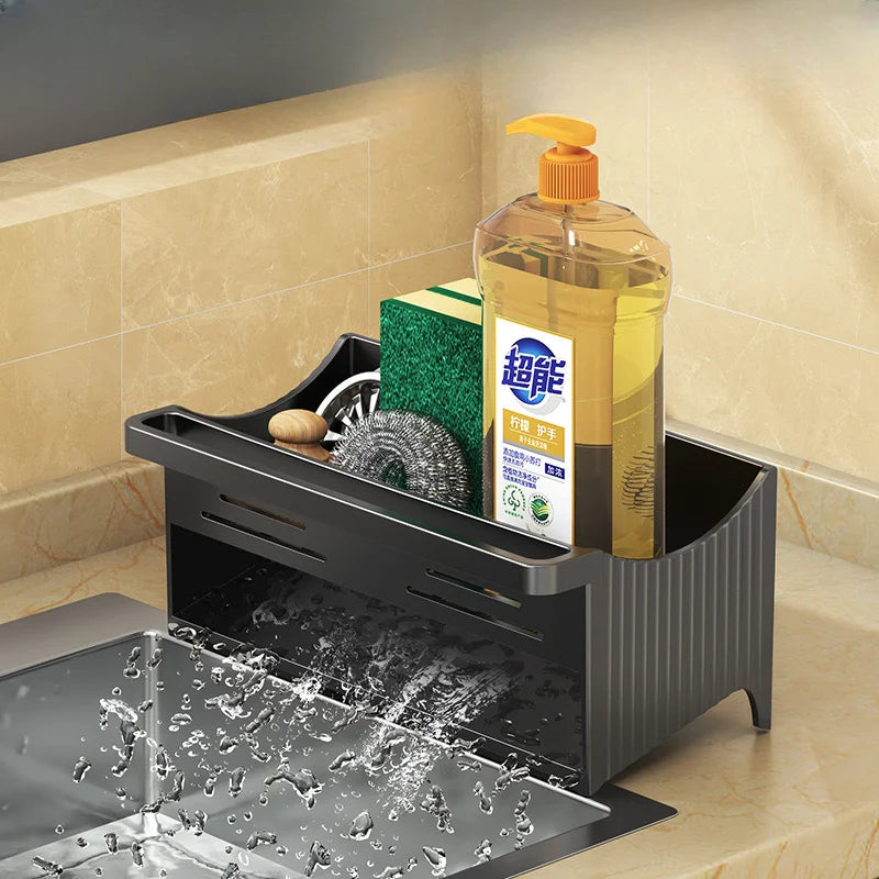 Portaoggetti per lavello con scarico – plastica per sapone, spugna, shampoo