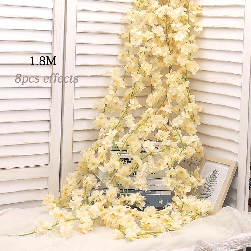 Artificial Sakura Flowers Vine Hanging Fake Floral Garland Home Garden Wedding Arch Party Cherry Blossom Wall Decor Arrangement