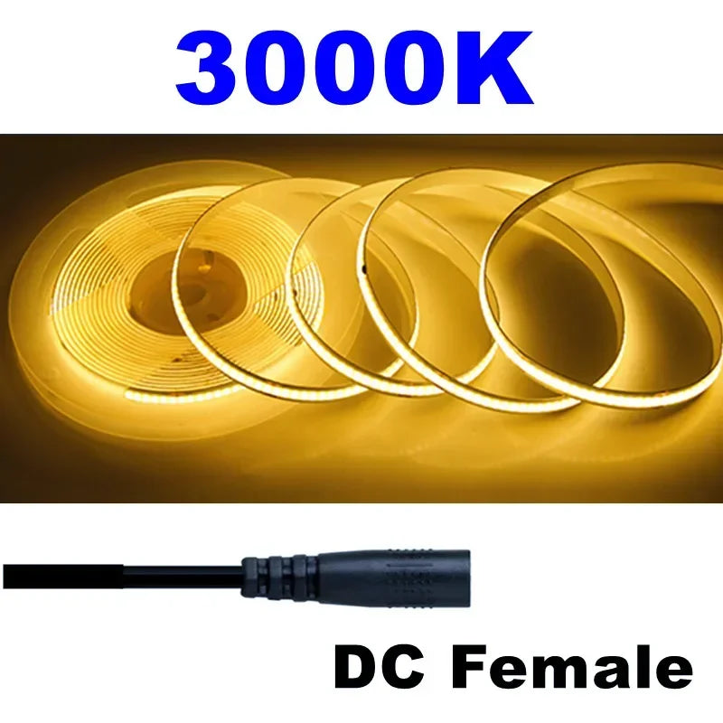 Striscia LED COB flessibile 8mm 12V/24V, 320/480 LED/m, luce 3000‑6000K