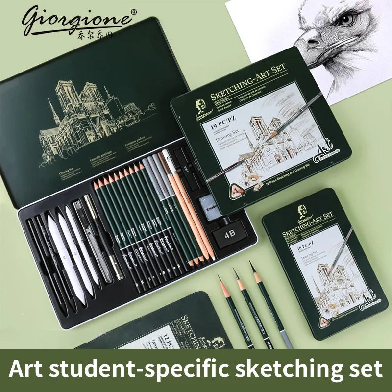 GOIRGIONE Pro Sketch Set 10/12/19/27 Graphite & Charcoal Pencils Portable Green Iron Box Drawing Sketching for Artists Students
