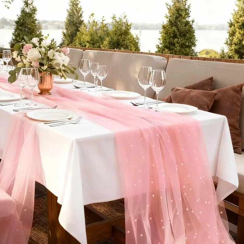 75x200cm Pearl Tulle Table Runner Polyester Beaded Mesh Wedding Veil Bouquet Wrapping Party Bridal Decorations DIY Tablecloth