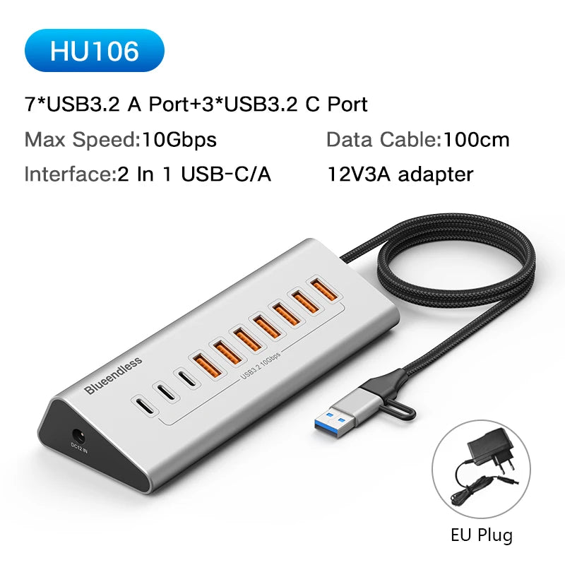 Hub docking USB‑C 10 Gbps 4/10 porte alluminio con lettore SD/TF