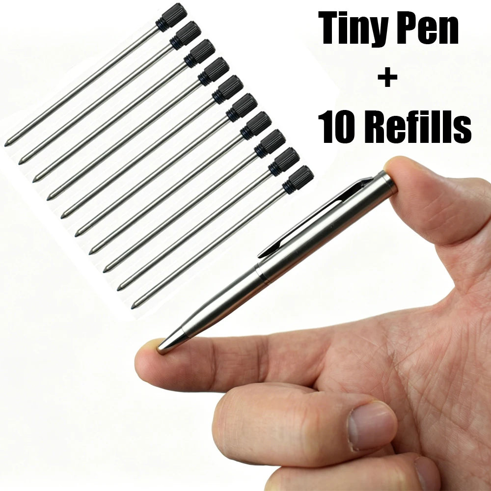 Portable Twist Tiny Ballpoint Pen Set Pocket-Sized Pen + 10 Black/Blue Ink Refills 0.7mm Point Metal Pocket Ballpen Travel Daily