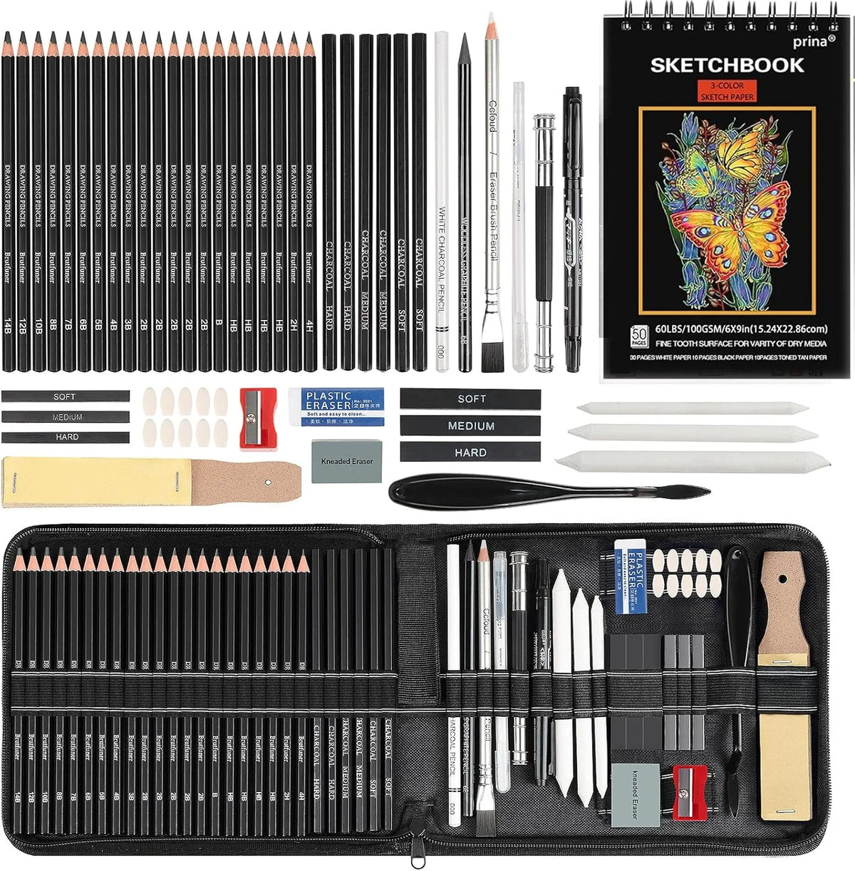 drawing set with sketch pencils, graphite, charcoal, blending tools (14-64 pcs)