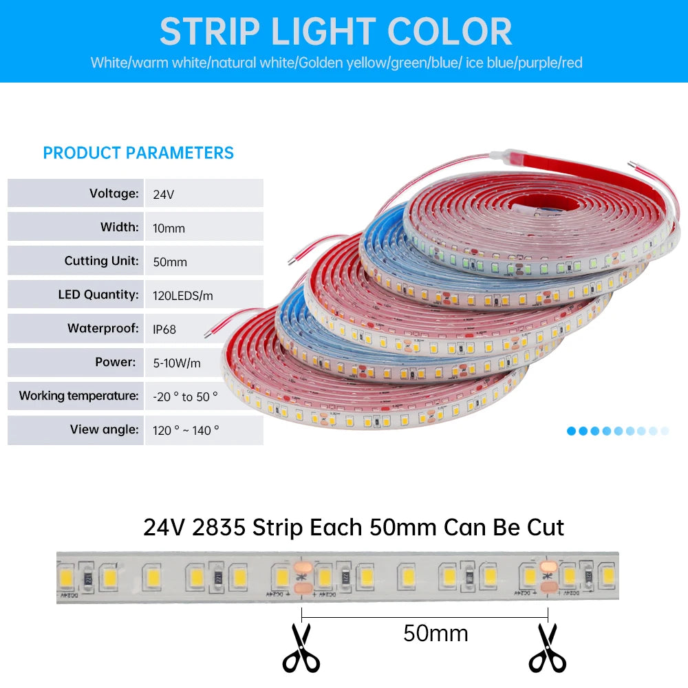 Striscia LED 2835 IP68 Waterproof 12V/24V 120LED/m Flexibile e Tagliabile