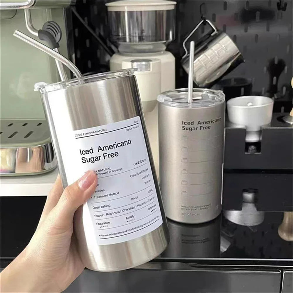 Thermos 600 ml acciaio inox 304, tazza termica con cannuccia, portatile