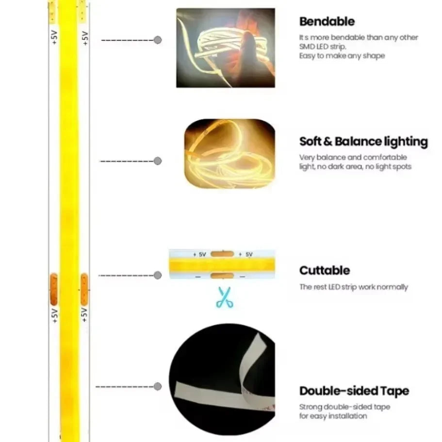 Striscia LED COB 5V 320 LED/m USB, 3000‑6000K, CRI >90, fino a 5 m