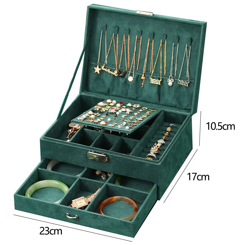 New Vintage Style Green Velvet Jewelry Box Double Lock Storage Box Necklace Earrings and Rings Jewelry Box Large Capacity