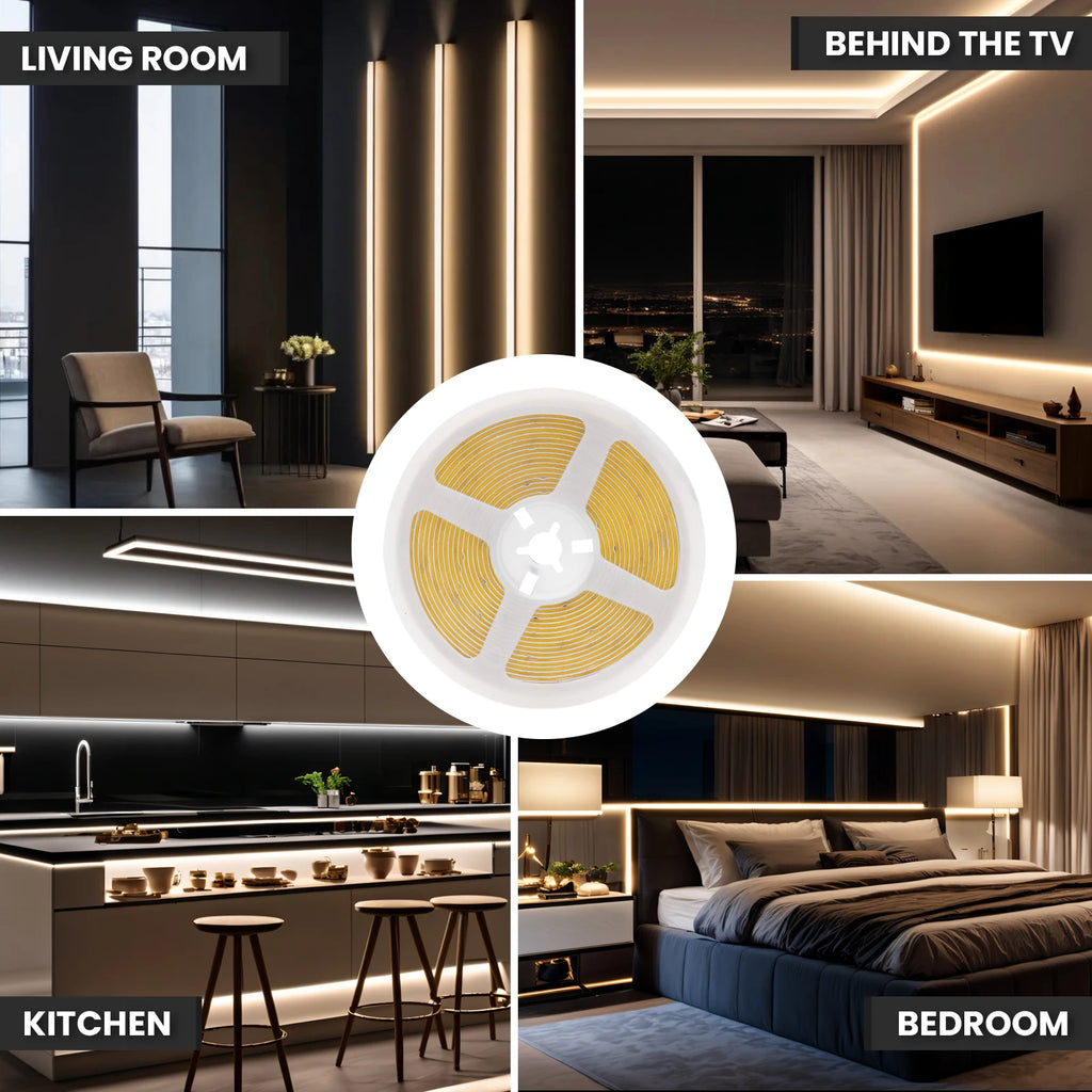 Striscia LED COB 5V 320 LED/m con Box 3 AA – 8 mm, luce regolabile (3000‑6500 K)
