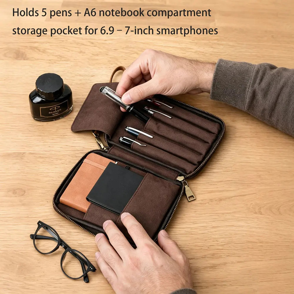 Portapenne in pelle autentica con 5 slot, scomparto A6 e tasca per smartphone