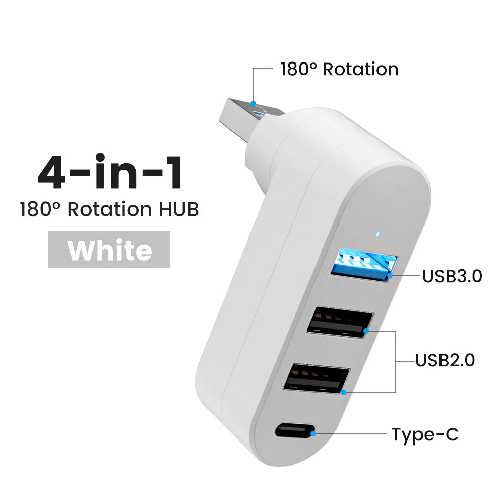 Hub USB 4 porte 180° rotante con Type‑C, USB 3.0 e USB 2.0 – alta velocità