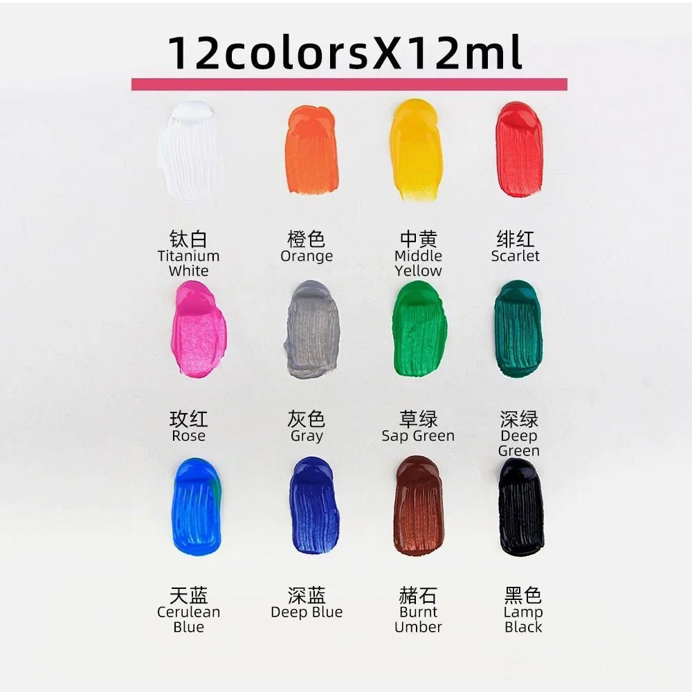 Set di 12 Acrilici 9ml – Colori Vivaci e Resistenti per Tela, Carta e Legno