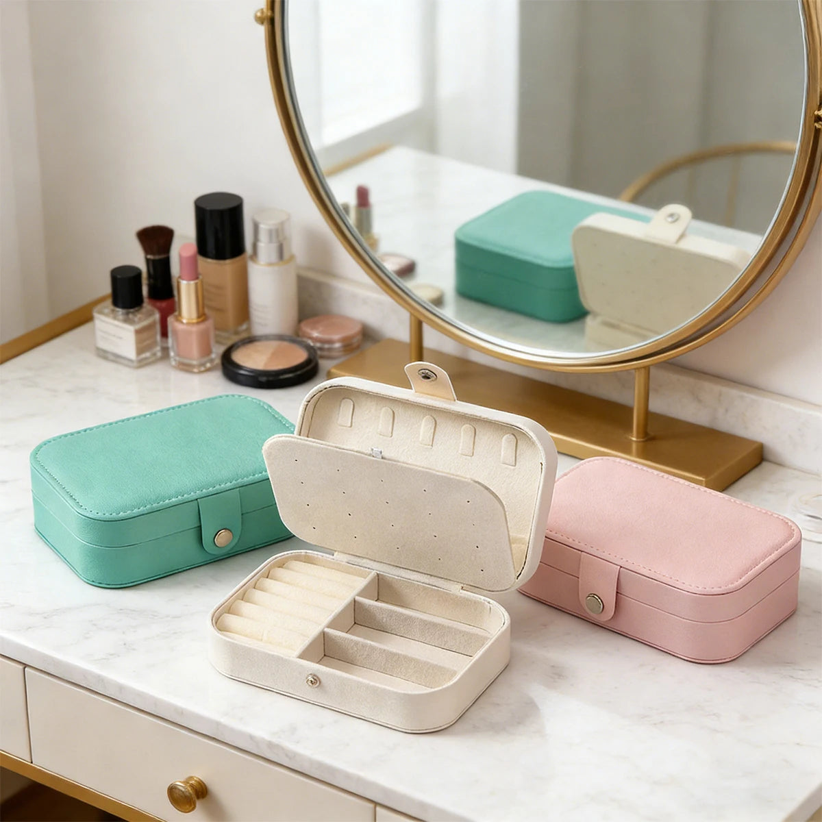Portable Multi-Compartment Jewelry Box with Velvet Lining - Travel-Friendly Pink Jewelry Organizer for Accessories