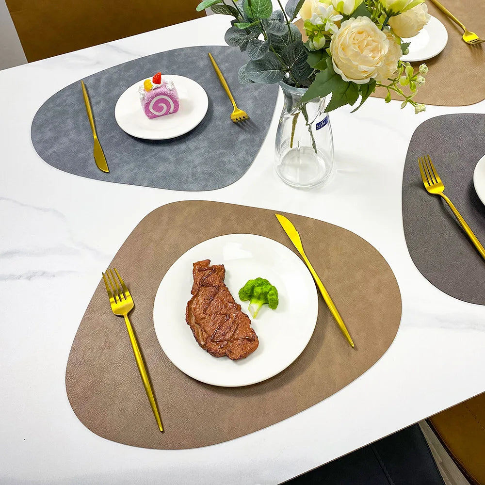 Double Sided Anti Slip PU Insulation Pad Table Mat, Nordic Style Imitation Cowhide Pattern Water Droplet Shaped Leather Placemat