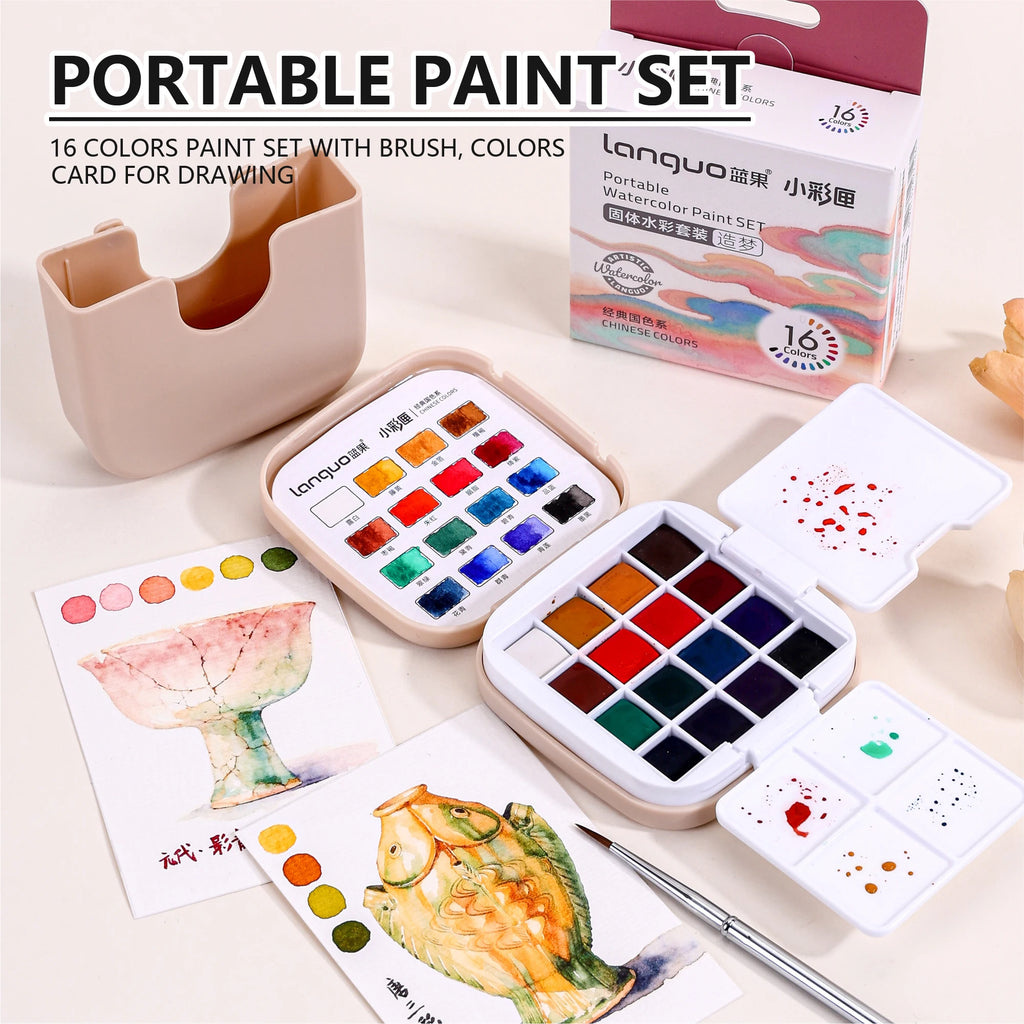 Set portatile di acquerelli solidi 16 colori con pennello e tavolozza