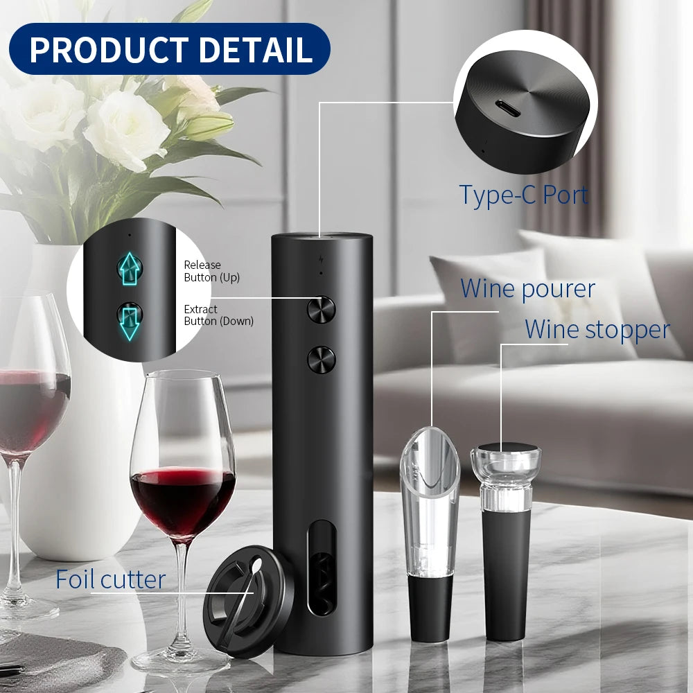 Apribottiglie elettrico 4‑in‑1 ricaricabile USB con fermavino e versatore