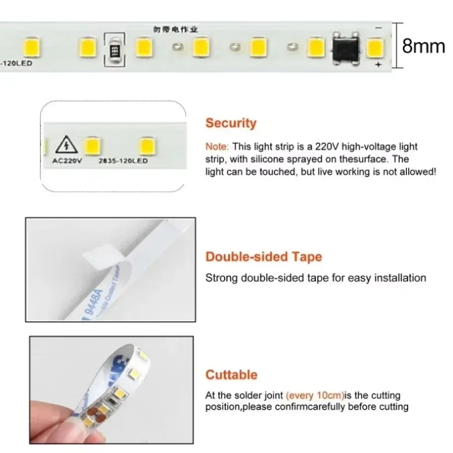 Striscia LED 2835 120 LED/m 8mm, colori RGB, AC 220‑240V, flessibile