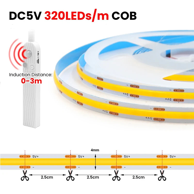 Striscia LED COB 5V 320 LED/m con sensore PIR a batteria, adesiva flessibile