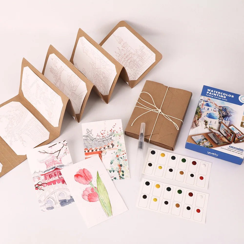 9 Sheets/Set Watercolor Painting Set, Thick Watercolor Folding Storage Book with a Pen, Holiday Birthday Gift, Party Gift