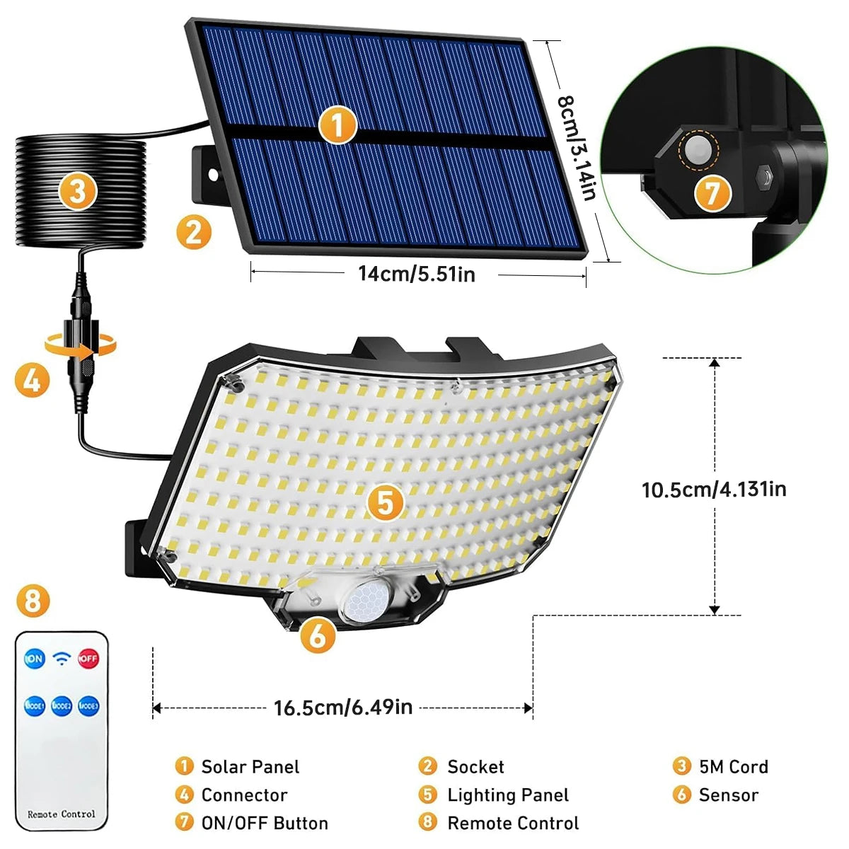 Lampada solare 234 LED esterno, sensore movimento, 3 modalità, telecomando, IP65