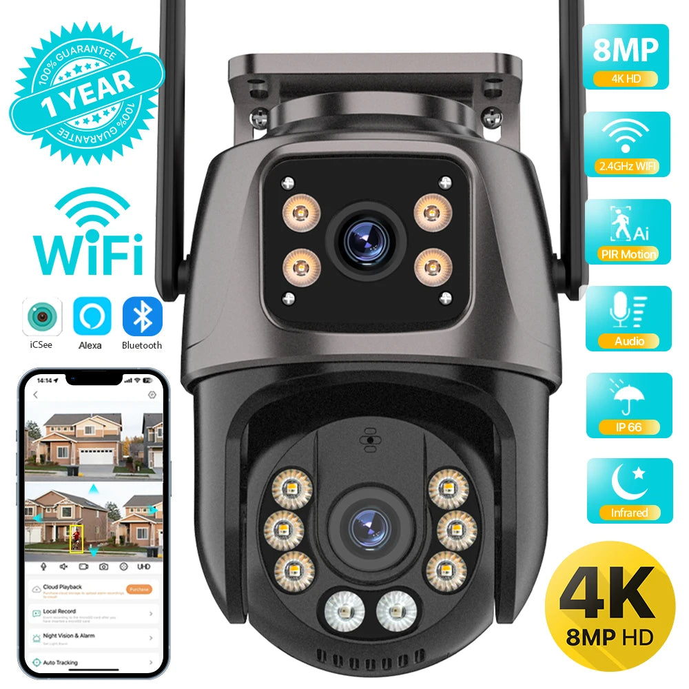 Camera Wi‑Fi 8MP PTZ con doppia lente, AI tracking e visione notturna a colori