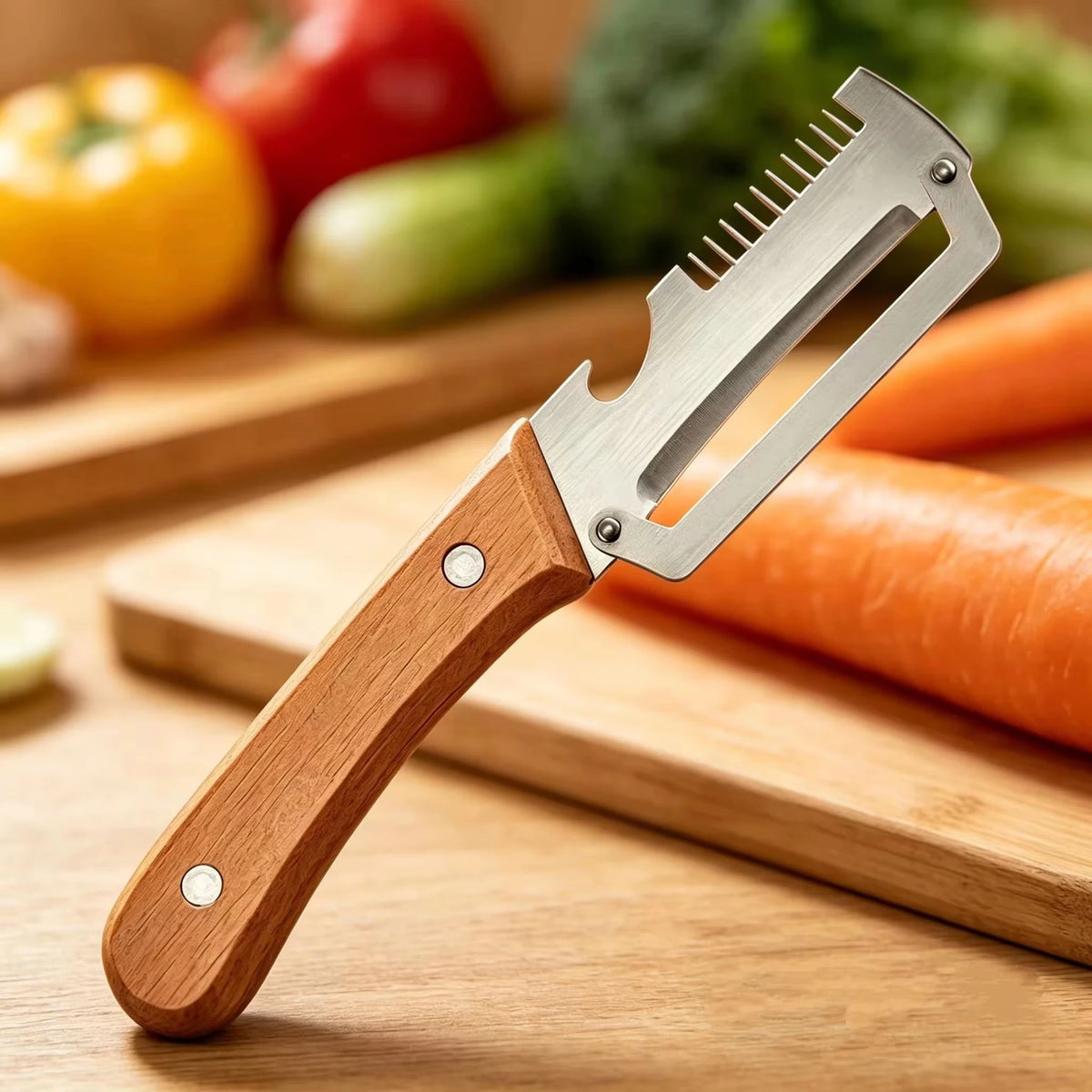 Slicer in acciaio inox con manico rovere – taglio, sbucciatura e apribottiglie