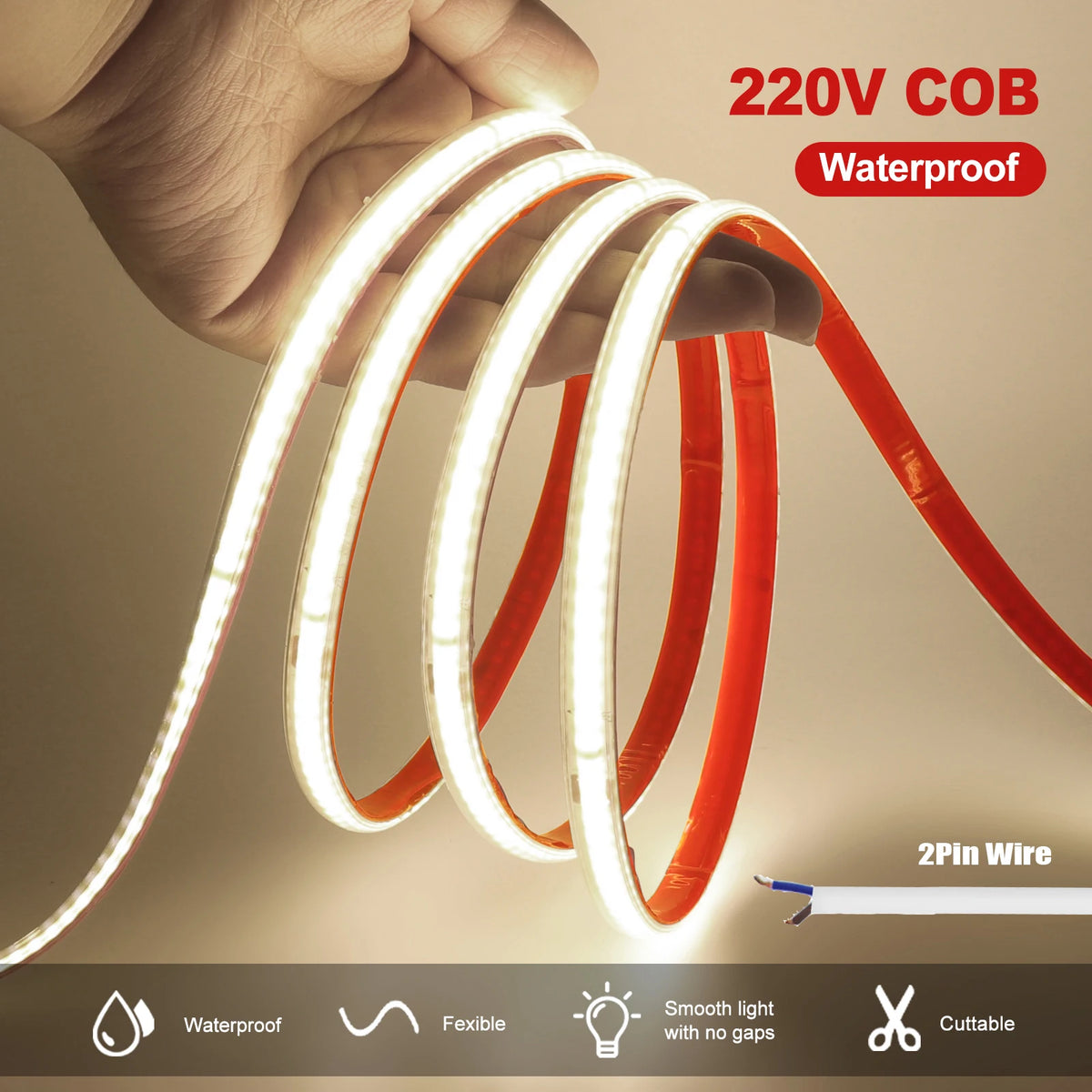 Striscia LED COB 220V 10 mm, 240 LED/m, IP65, 3‑6 kK, autocollante, tagliabile…