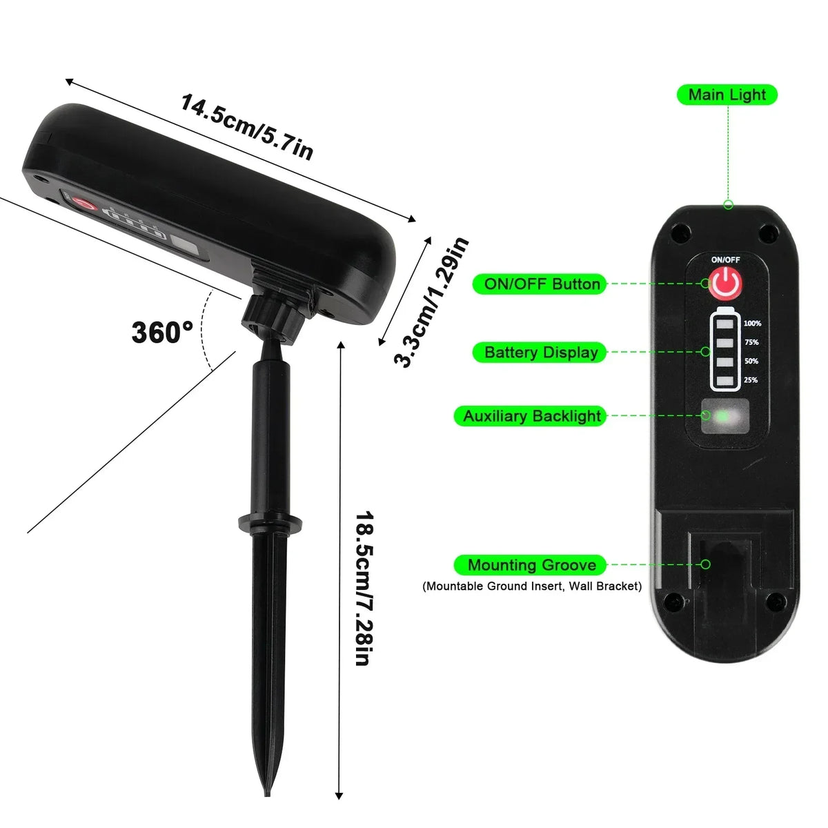 Spotlight solare 2‑in‑1 LED verde/calda IP65 per giardino e parete