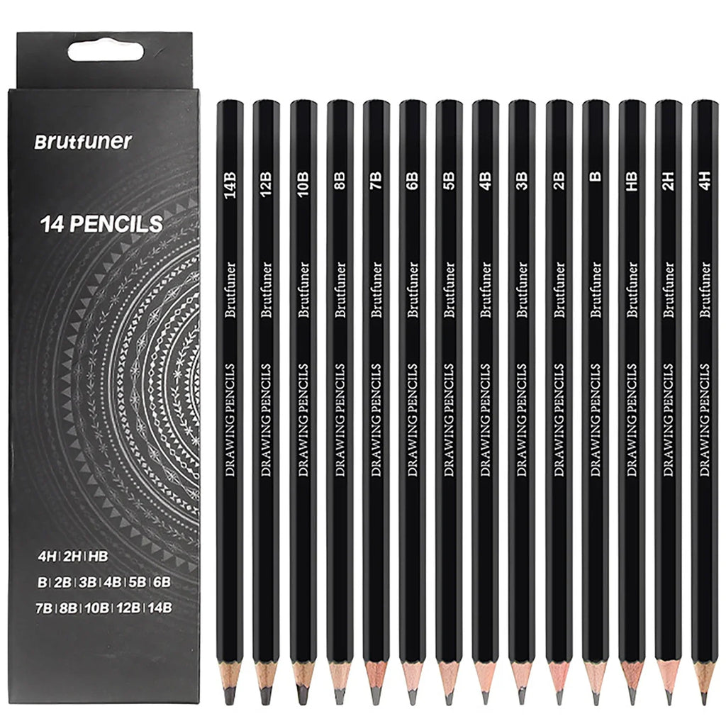 drawing set with sketch pencils, graphite, charcoal, blending tools (14-64 pcs)