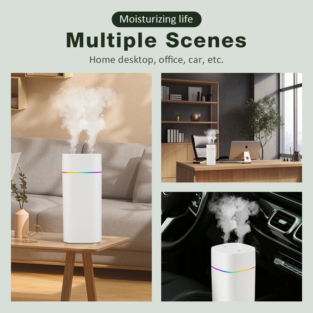 Umidificatore 600 ml doppio spray, luci LED e diffusione oli essenziali