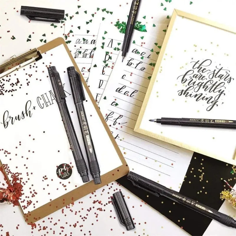 Set 4 penne per calligrafia, punta morbida e dura, inchiostro nero ricaricabile