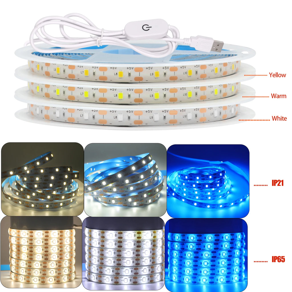 Striscia LED 5V USB 2835, 60 LED/m, luce bianca calda e blu, impermeabile